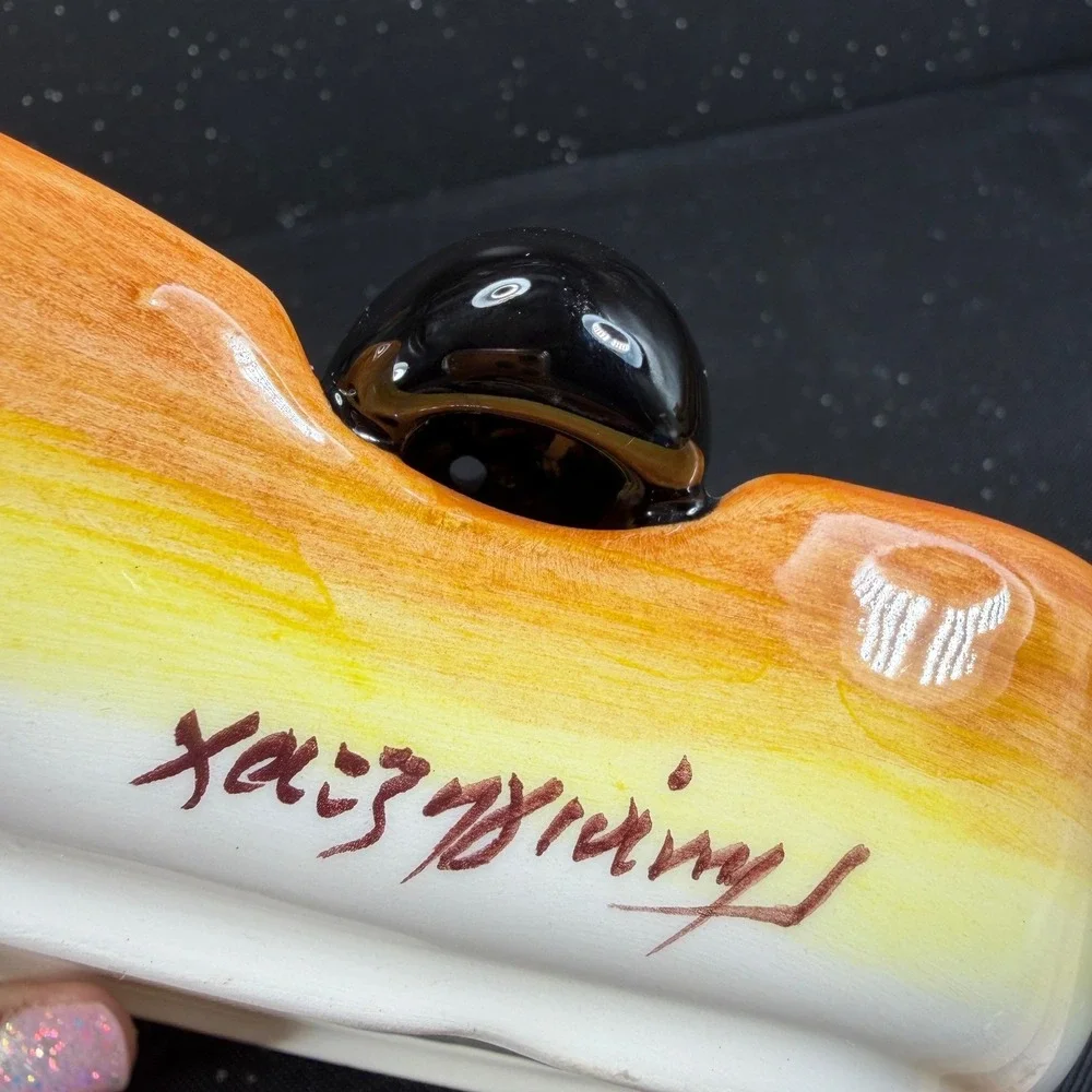 Hand Painted Ceramic Olive Serving Dish Mediterranean Signed 6in Orange Yellow